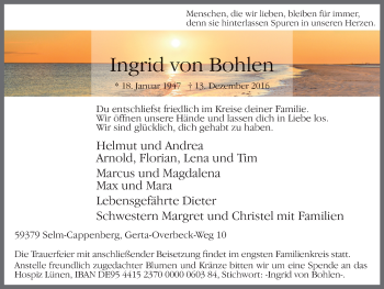 Traueranzeige von Ingrid von Bohlen von Lüner Anzeiger