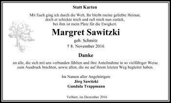 Traueranzeige von Margret Sawitzki von Stadtanzeiger Velbert + Heiligenhaus