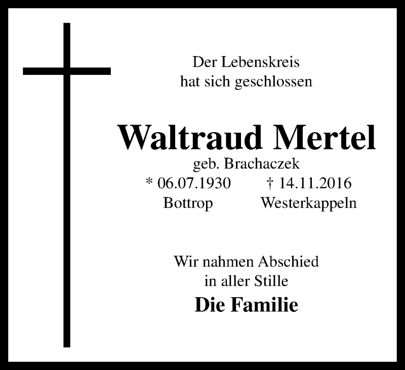  Traueranzeige für Waltraud Mertel vom 03.12.2016 aus Stadtspiegel Bottrop