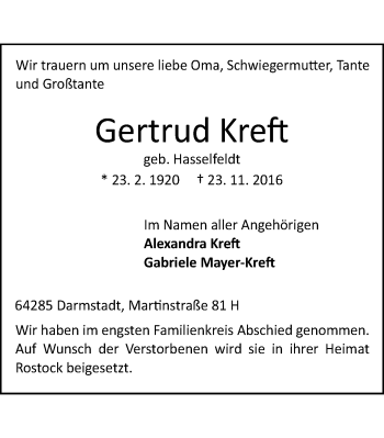 Traueranzeige von Gertrud Kreft von Stadtspiegel Hattingen/Niedersprockhövel