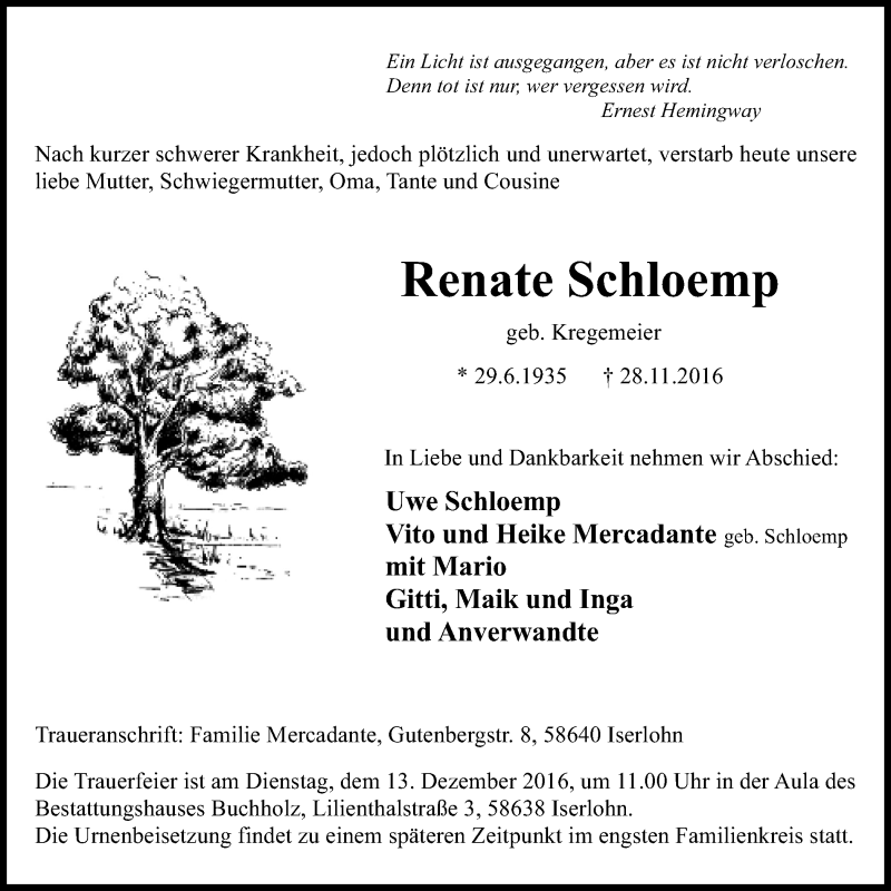  Traueranzeige für Renate Schloemp vom 03.12.2016 aus Stadtspiegel Iserlohn + Hemer