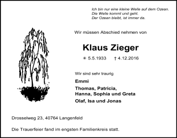 Traueranzeige von Klaus Zieger von Wochen-Anzeiger Langenfeld/Monheim/Hilden