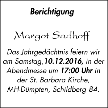 Traueranzeige von Margot Sadhoff von Wochen-Anzeiger Oberhausen