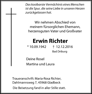 Traueranzeige von Erwin Richter von Stadtspiegel Gelsenkirchen