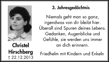 Traueranzeige von Christel Hirschberg von Wochen-Anzeiger Oberhausen