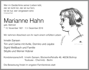 Traueranzeige von Marianne Hahn von Stadtspiegel Bottrop