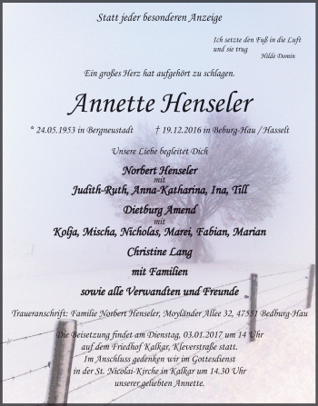 Traueranzeige von Annette Henseler von Klever Wochenblatt