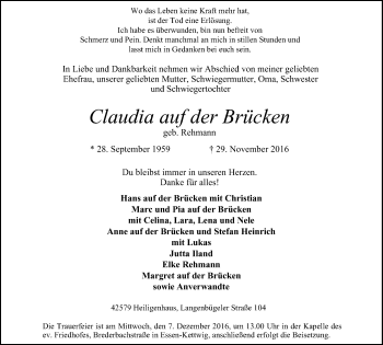 Traueranzeige von Claudia auf der Brücken von Stadtanzeiger Velbert + Heiligenhaus