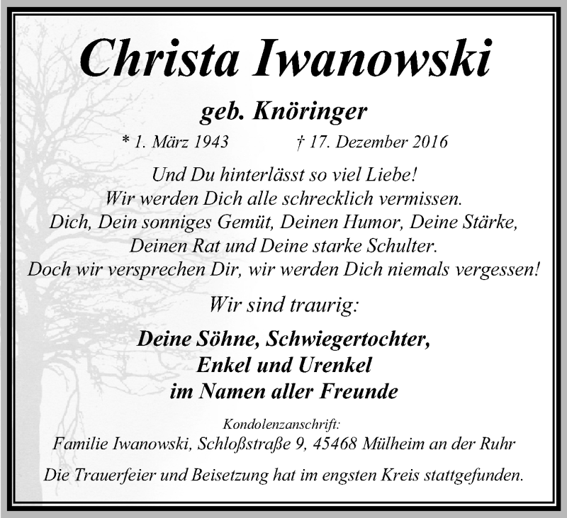 Traueranzeigen Von Christa Iwanowski Trauer In Nrwde 