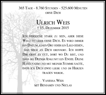Traueranzeige von Ulrich Weis von Werden Kurier