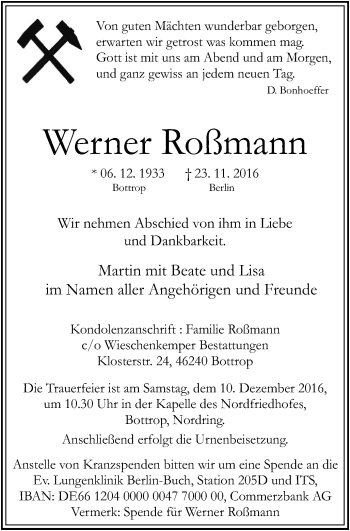 Traueranzeige von Werner Roßmann von Stadtspiegel Bottrop