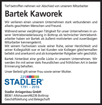 Traueranzeige von Bartek Kaworek von Stadtspiegel Bottrop