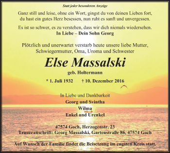 Traueranzeige von Else Massalski von Gocher Wochenblatt