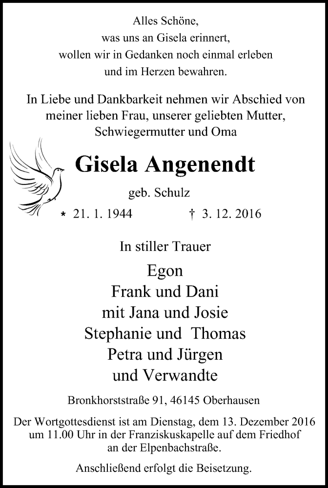  Traueranzeige für Gisela Angenendt vom 10.12.2016 aus Wochen-Anzeiger Oberhausen