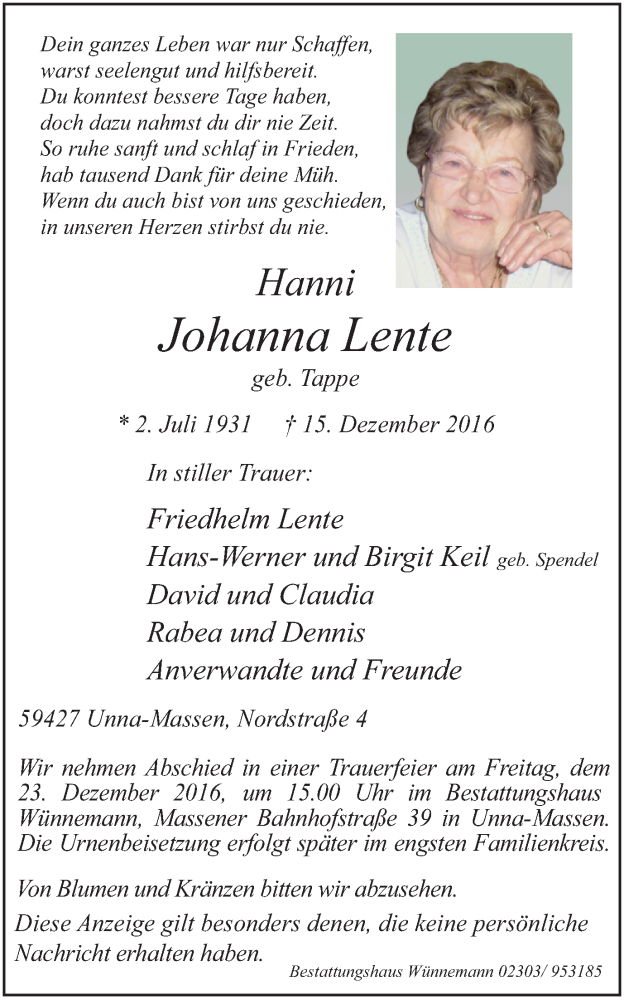  Traueranzeige für Johanna Lente vom 21.12.2016 aus Lüner Anzeiger