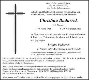 Traueranzeige von Christina Badurrek von Wochen-Anzeiger Oberhausen
