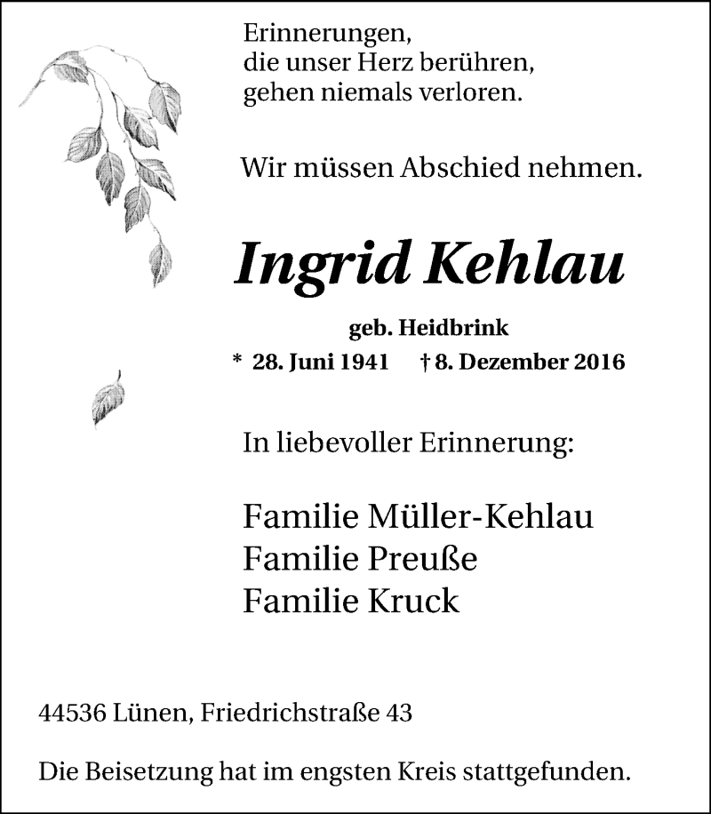  Traueranzeige für Ingrid Kehlau vom 17.12.2016 aus Lüner Anzeiger