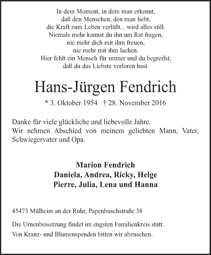  Traueranzeige für Hans-Jürgen Fendrich vom 03.12.2016 aus Mülheimer Woche