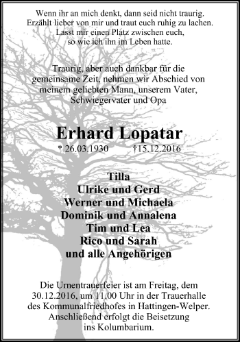 Traueranzeige von Erhard Lopatar von Stadtspiegel Hattingen/Niedersprockhövel