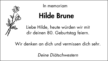 Traueranzeige von Hilde Brune von Wochen-Anzeiger Oberhausen