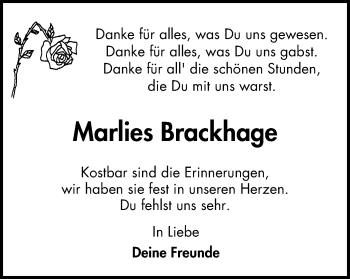 Traueranzeige von Marlies Brackhage von Nord Anzeiger Essen