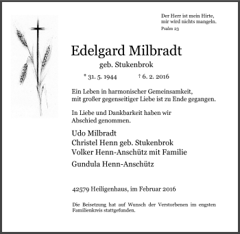 Traueranzeige von Edelgard Milbradt von Stadtanzeiger Velbert + Heiligenhaus