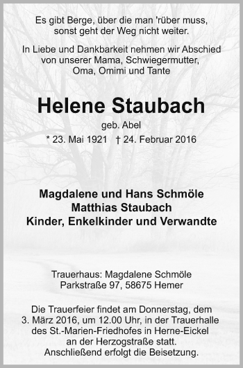 Traueranzeige von Helene Staubach von Wochenblatt Herne/Wanne-Eickel