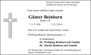 Traueranzeige von Günter Beinborn von Stadtanzeiger Velbert + Heiligenhaus