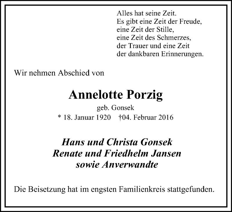  Traueranzeige für Annelotte Porzig vom 20.02.2016 aus Mülheimer Woche