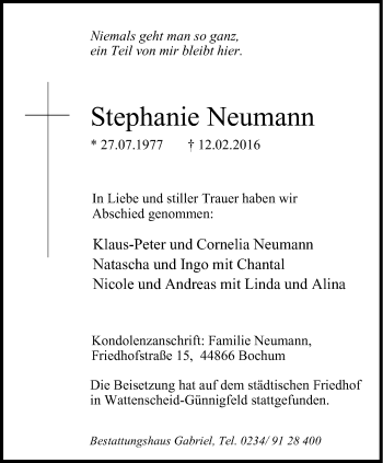 Traueranzeige von Stephanie Neumann von Stadtspiegel Bochum + Wattenscheid