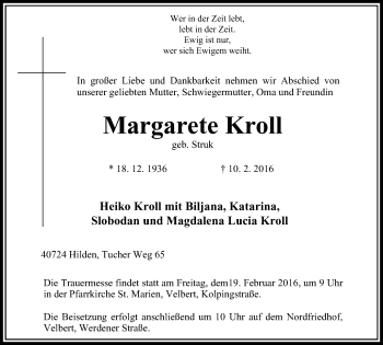 Traueranzeige von Margarete Kroll von Stadtanzeiger Velbert + Heiligenhaus