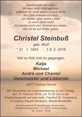 Traueranzeige von Christel Steinbuß von Stadtanz.Castrop-Rauxel