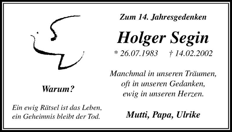  Traueranzeige für Holger Segin vom 13.02.2016 aus Stadtanz.Castrop-Rauxel