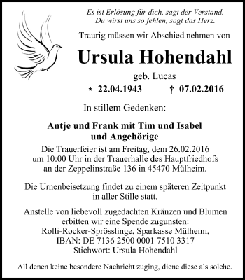 Traueranzeige von Ursula Hohendahl von Mülheimer Woche