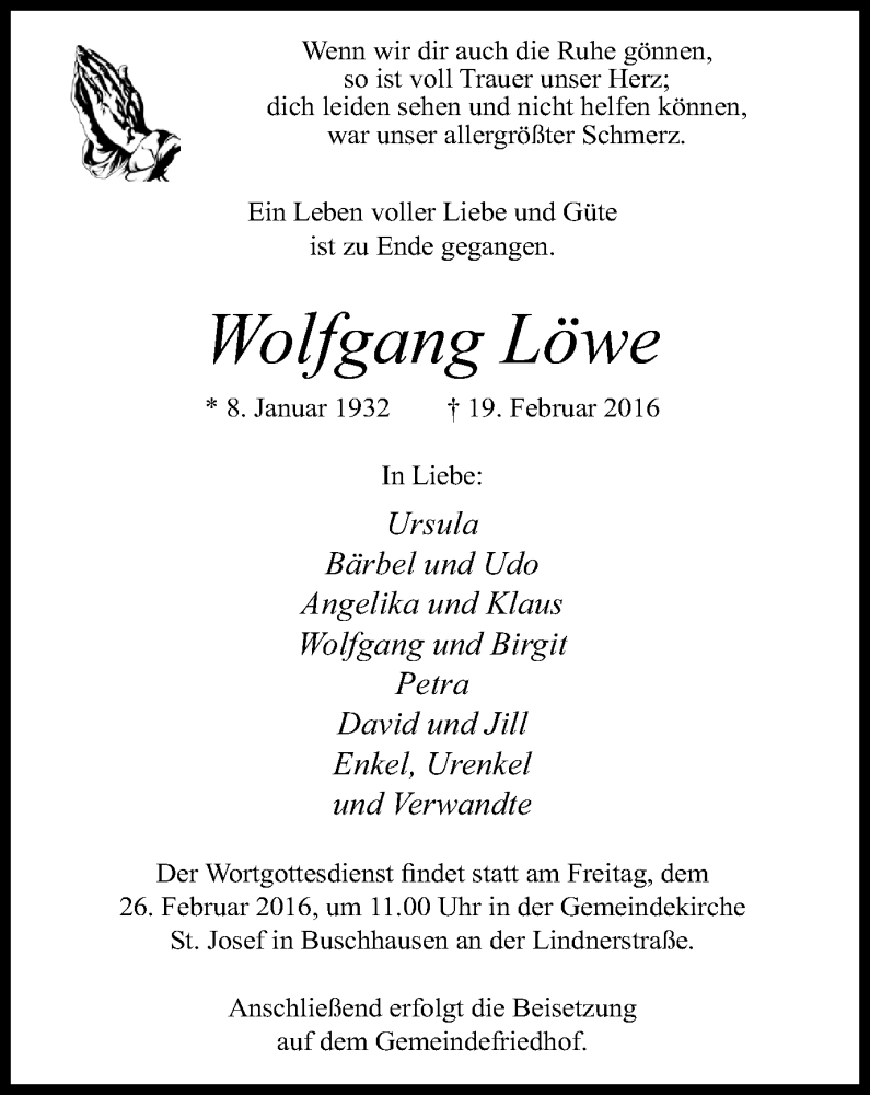  Traueranzeige für Wolfgang Löwe vom 24.02.2016 aus Wochen-Anzeiger Oberhausen
