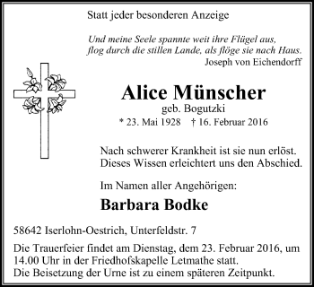 Traueranzeige von Alice Münscher von Stadtspiegel Iserlohn + Hemer