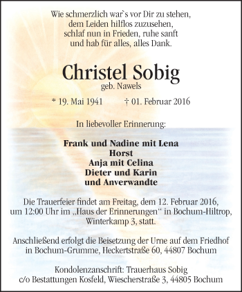Traueranzeige von Christel Sobig von Stadtspiegel Bochum