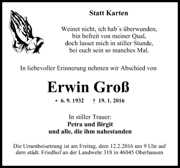 Traueranzeige von Erwin Groß von Wochen-Anzeiger Oberhausen