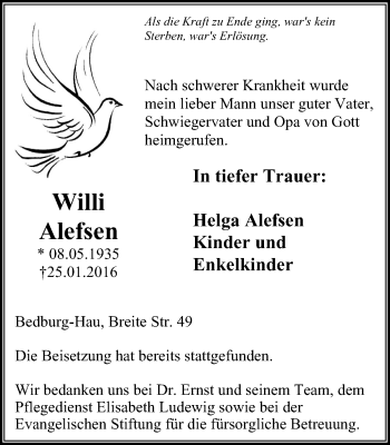 Traueranzeige von Willi Alefsen von Klever Wochenblatt