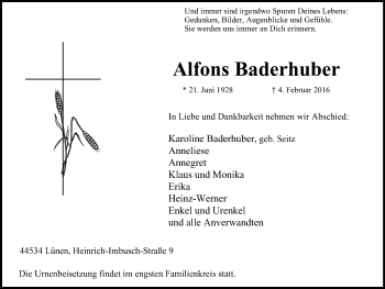 Traueranzeige von Alfons Baderhuber von Lüner Anzeiger
