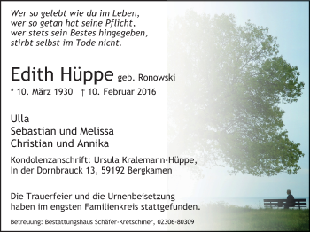 Traueranzeige von Edith Hüppe von Lüner Anzeiger