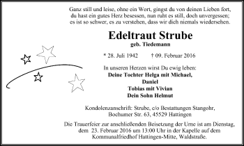 Traueranzeige von Edeltraut Strube von Stadtspiegel Hattingen/Niedersprockhövel