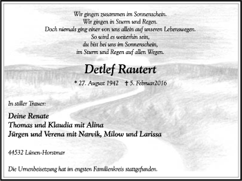 Traueranzeige von Detlef Rautert von Lüner Anzeiger