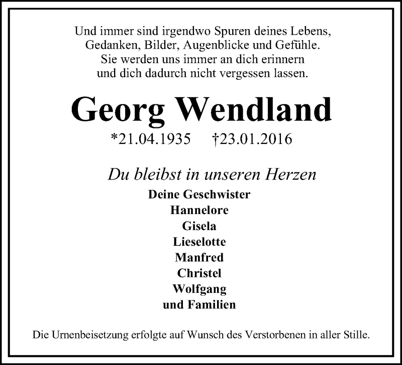  Traueranzeige für Georg Wendland vom 20.02.2016 aus Wochenblatt Herne/Wanne-Eickel