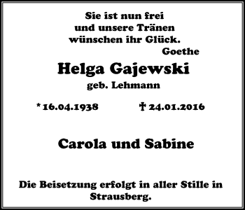 Traueranzeige von Helga Gajewski von Stadtspiegel Wattenscheid