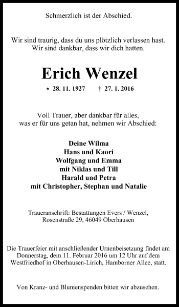 Traueranzeige von Erich Wenzel von Wochen-Anzeiger Oberhausen