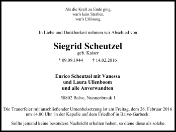 Traueranzeige von Siegrid Scheutzel von Stadtspiegel Menden + Froendenberg