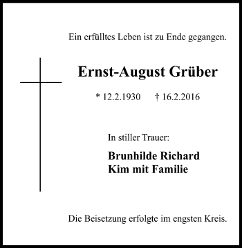 Traueranzeige von Ernst-August Grüber von Stadtspiegel Iserlohn + Hemer