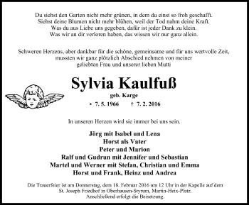Traueranzeige von Sylvia Kaulfuß von Wochen-Anzeiger Oberhausen