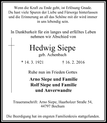 Traueranzeige von Hedwig Siepe von Stadtanzeiger Velbert + Heiligenhaus